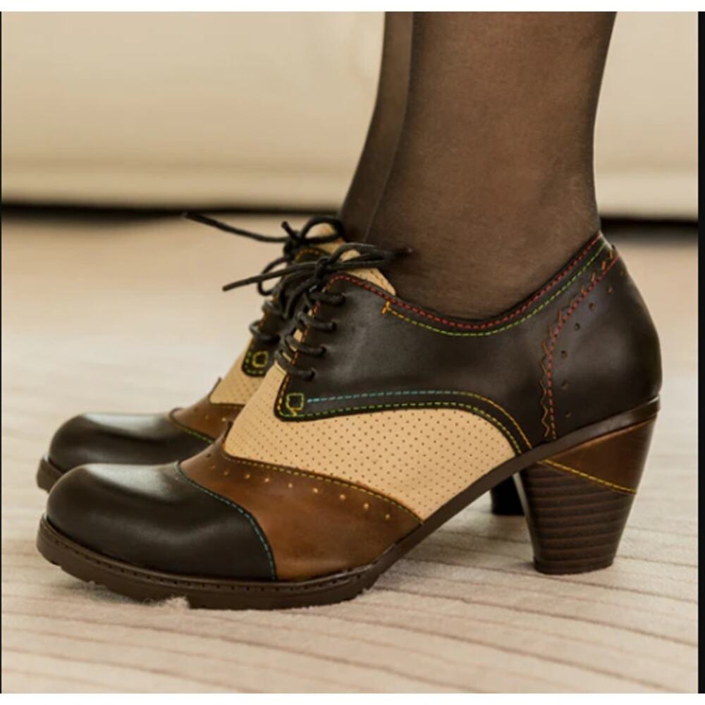 Soffia Western Perforated Leather Oxford Heel Pumps -Black Brown-Women 5.5 *NEW